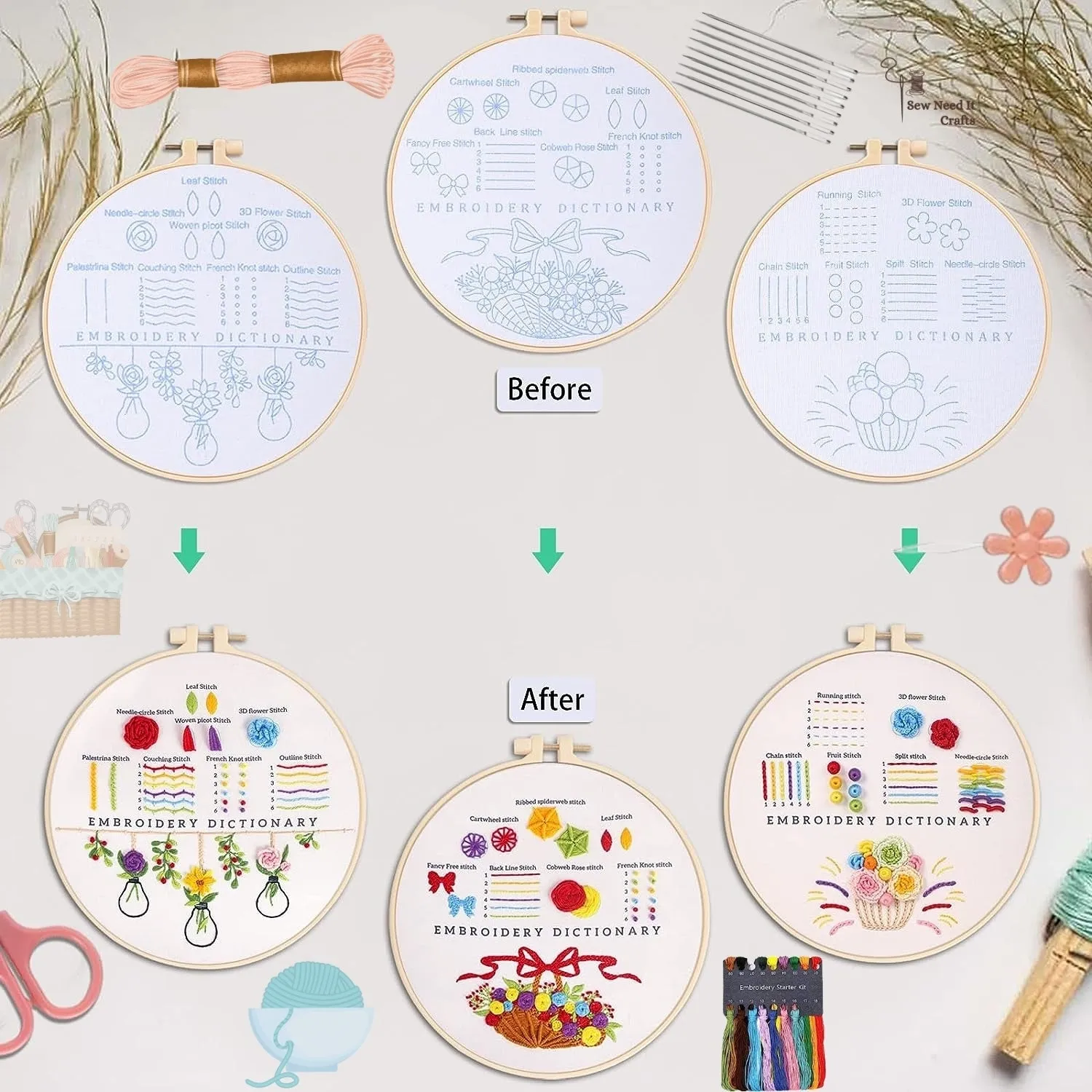 3 Pieces Set Starter Novice Embroidery Floral Kit