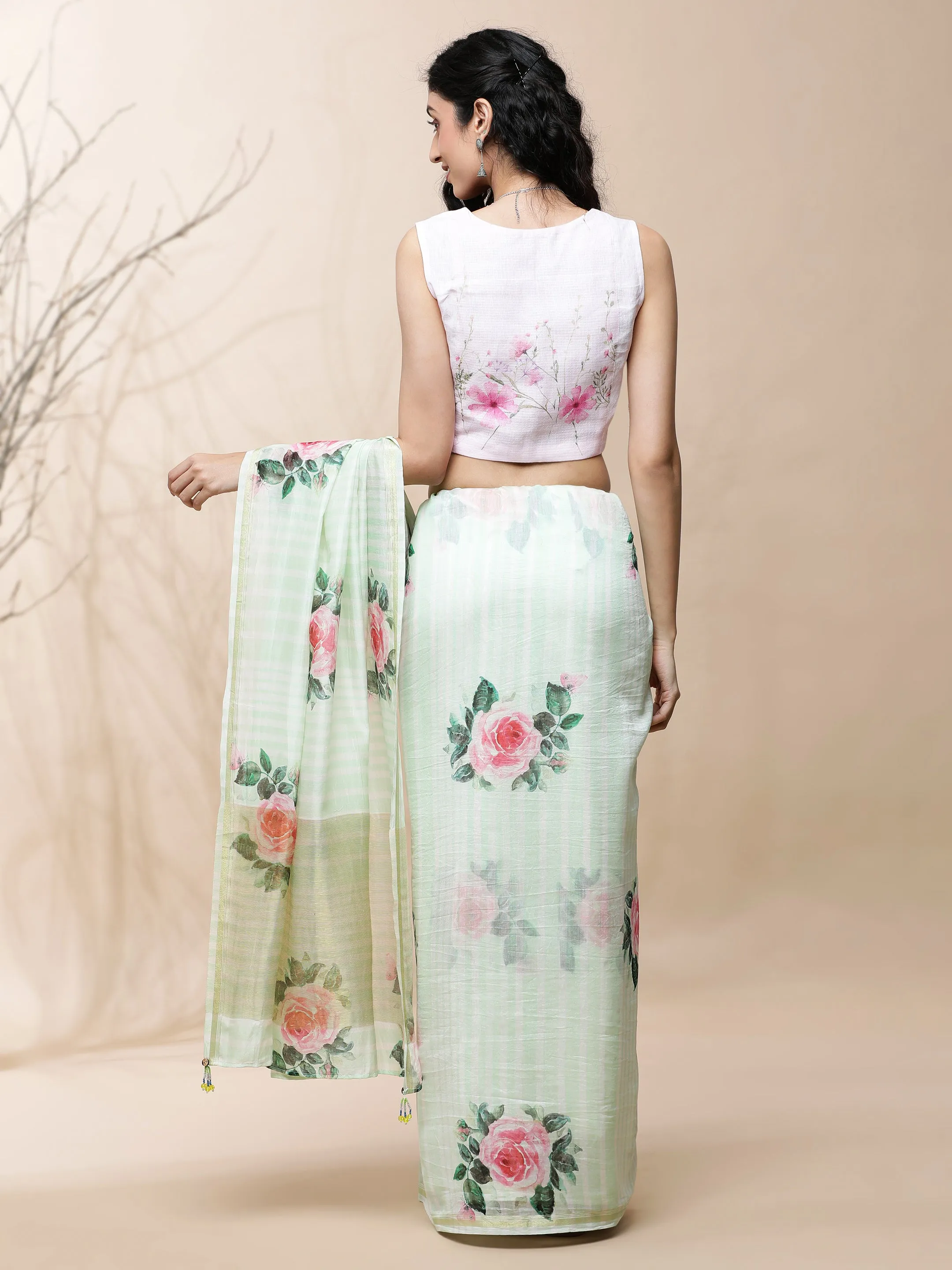 Adah Chanderi Green With Stripes Saree