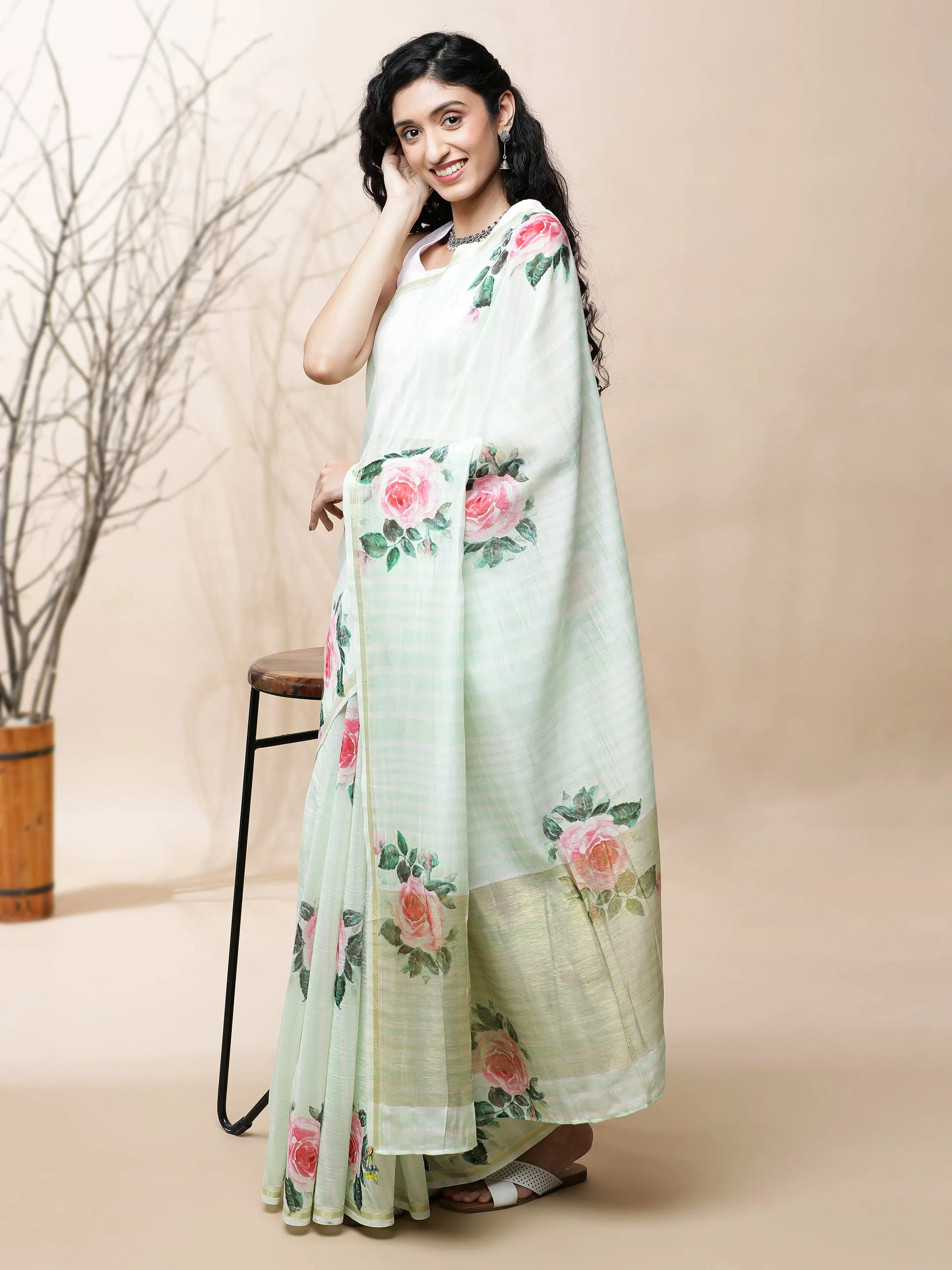 Adah Chanderi Green With Stripes Saree