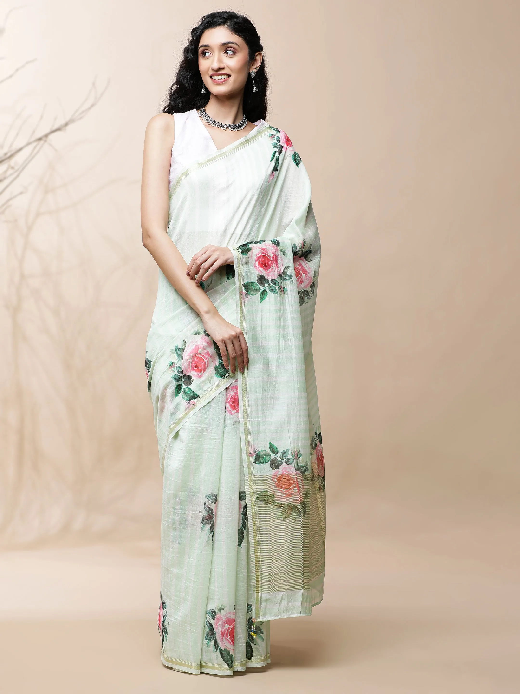 Adah Chanderi Green With Stripes Saree