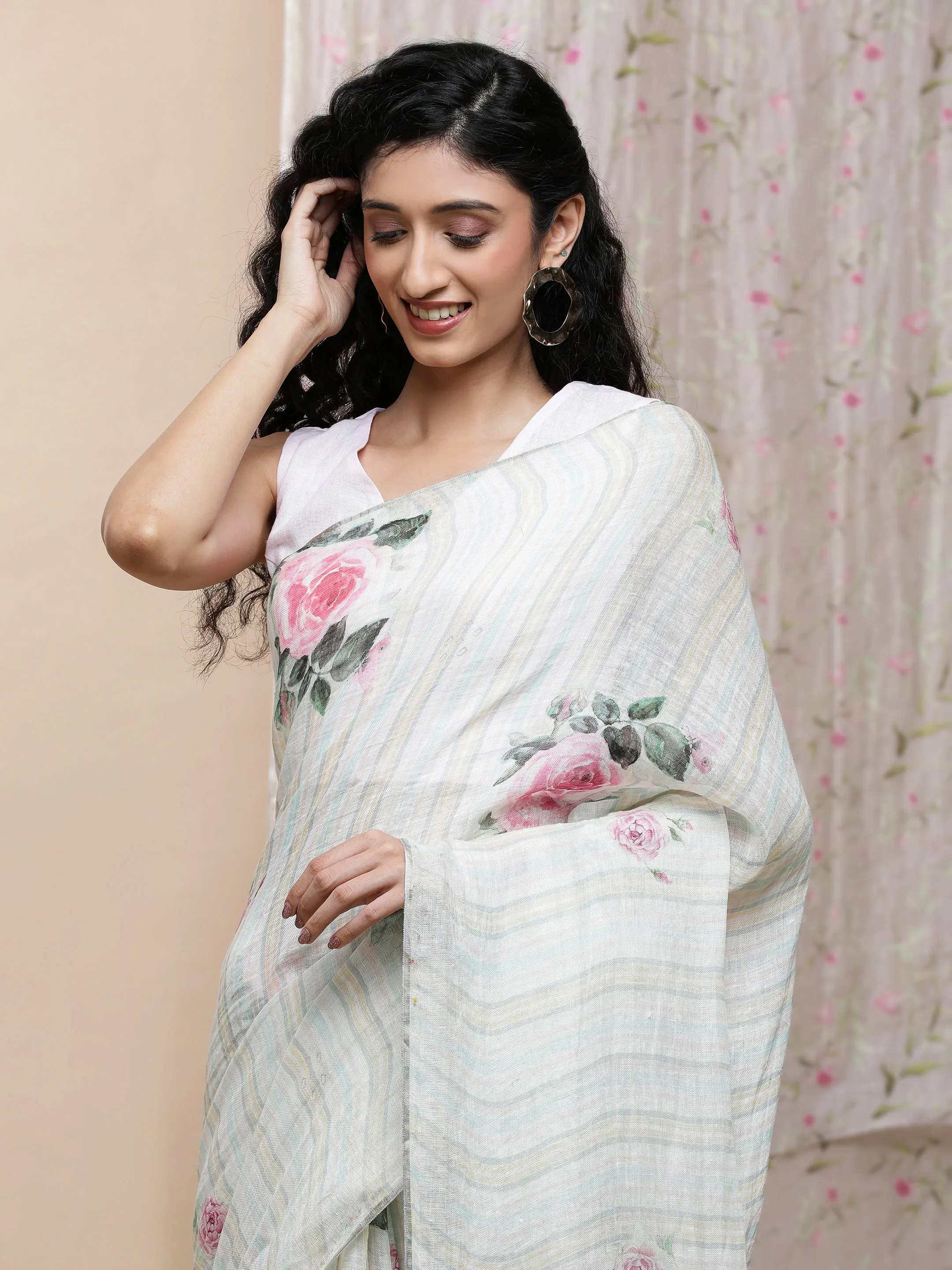Adah Linen White With Stripes Saree