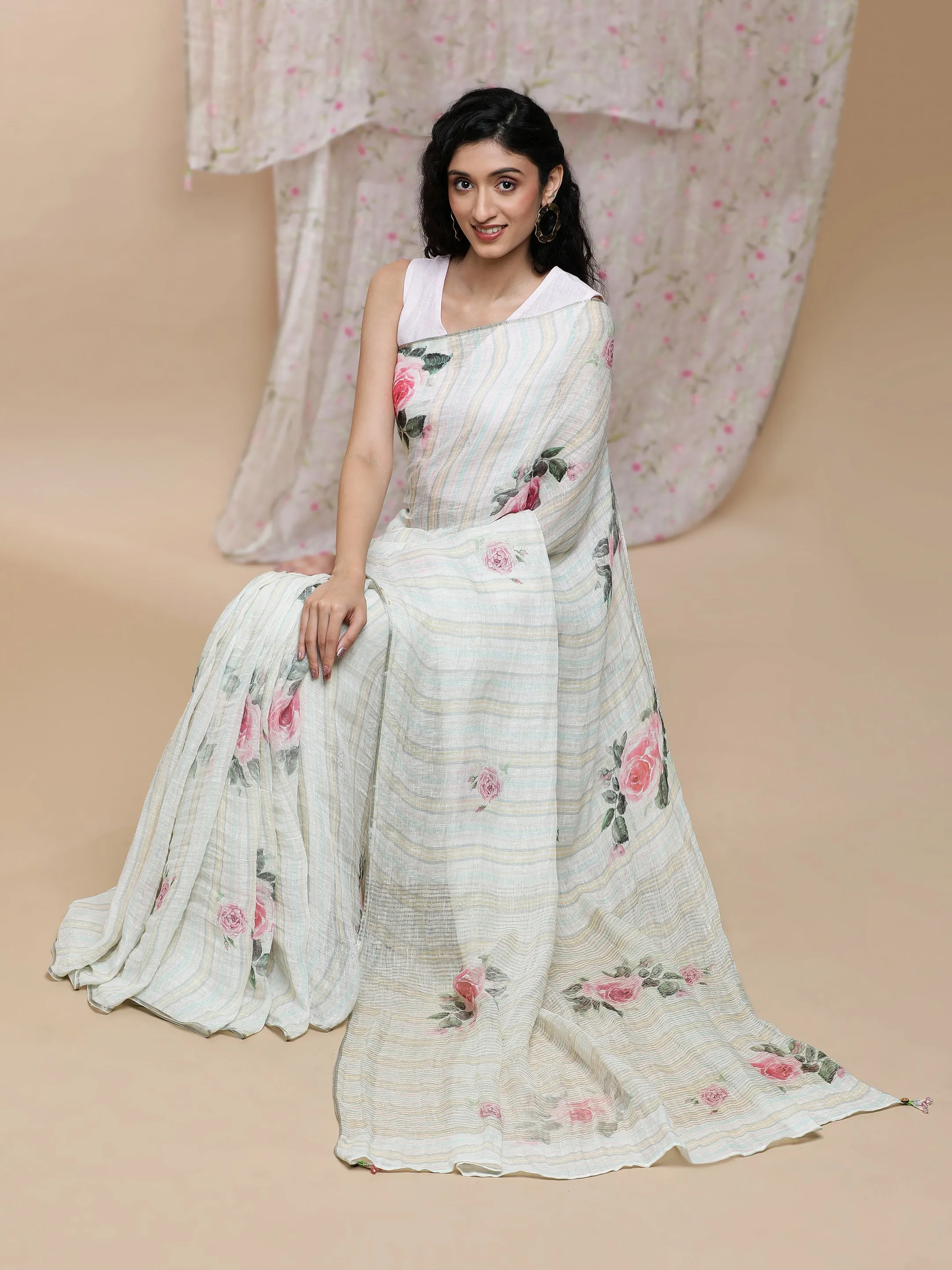 Adah Linen White With Stripes Saree