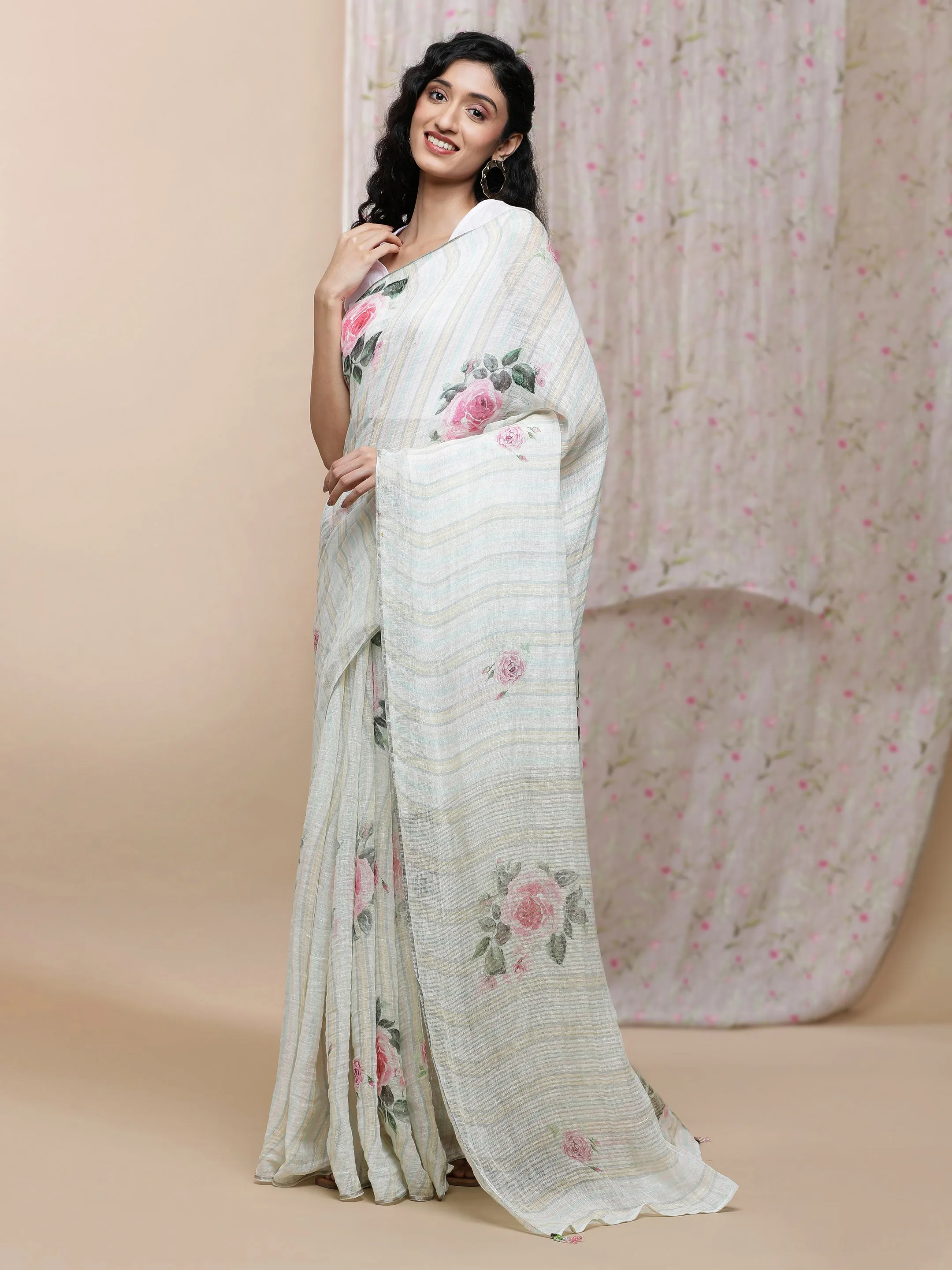 Adah Linen White With Stripes Saree