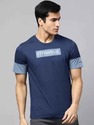 Alcis Men Navy Blue Slim Fit Printed Round Neck Running T-shirt