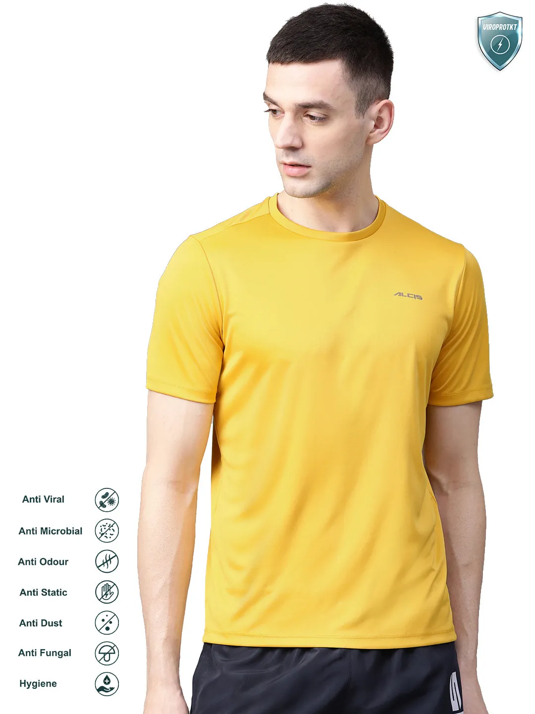 Alcis Men Yellow Solid Slim Fit Round Neck VIROPROTKT T-shirt