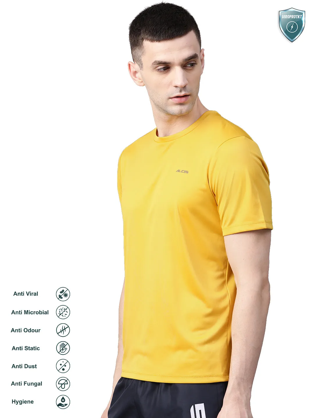 Alcis Men Yellow Solid Slim Fit Round Neck VIROPROTKT T-shirt