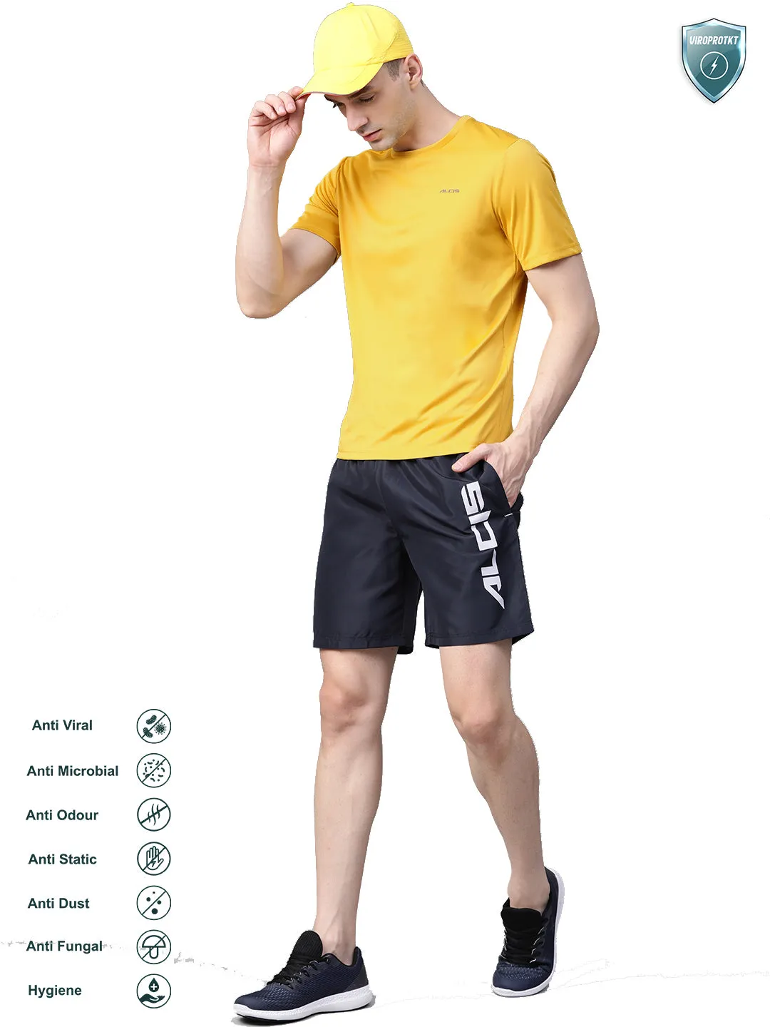 Alcis Men Yellow Solid Slim Fit Round Neck VIROPROTKT T-shirt