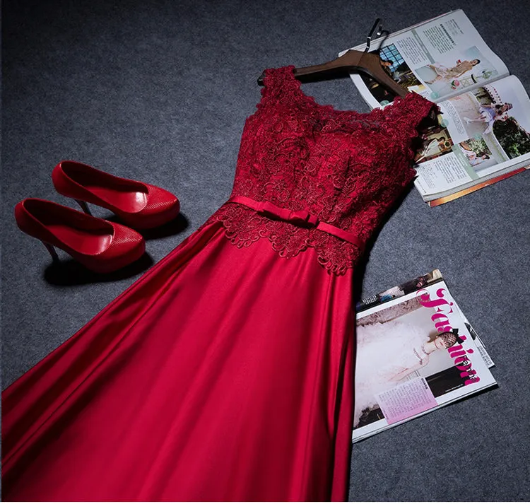 Beautiful Long Soft Satin with Lace Bridesmaid Dress, A-line Prom Dress