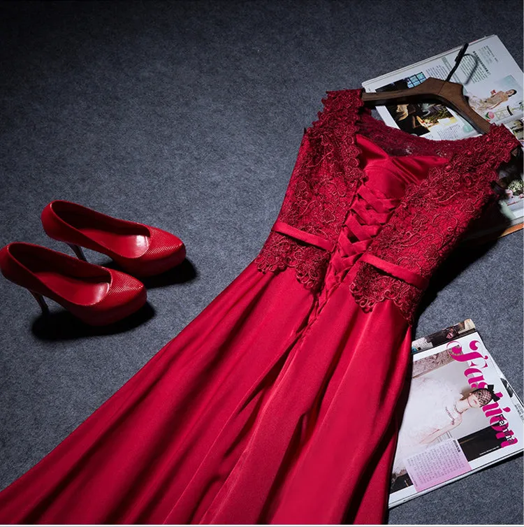Beautiful Long Soft Satin with Lace Bridesmaid Dress, A-line Prom Dress