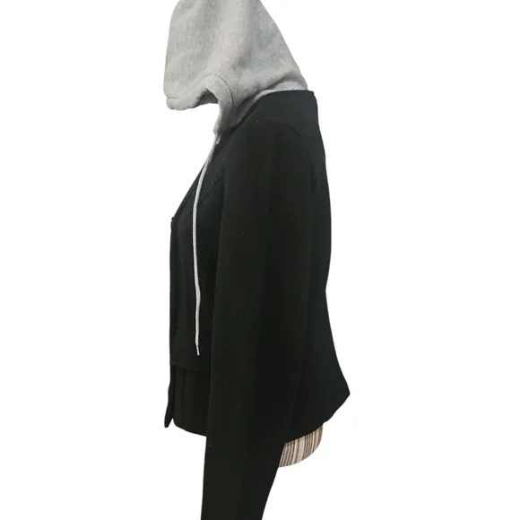 Cavalini Petite Black Double-Breasted Women's Jacket with Gray Hood Size PM
