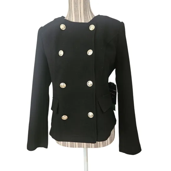 Cavalini Petite Black Double-Breasted Women's Jacket with Gray Hood Size PM