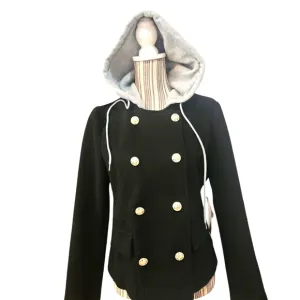 Cavalini Petite Black Double-Breasted Women's Jacket with Gray Hood Size PM