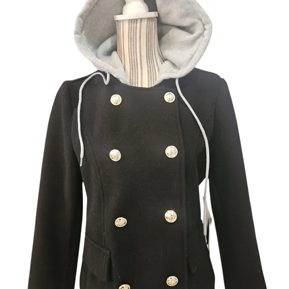 Cavalini Petite Black Double-Breasted Women's Jacket with Gray Hood Size PM