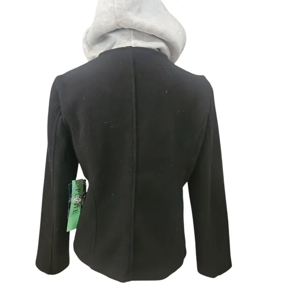 Cavalini Petite Black Double-Breasted Women's Jacket with Gray Hood Size PM