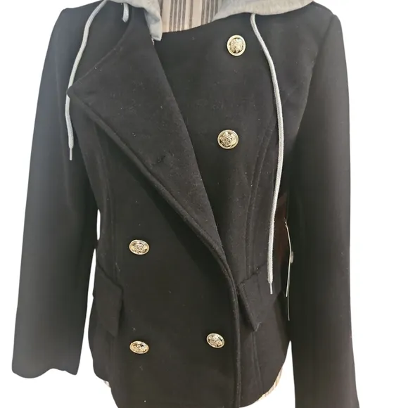 Cavalini Petite Black Double-Breasted Women's Jacket with Gray Hood Size PM