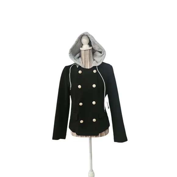 Cavalini Petite Black Double-Breasted Women's Jacket with Gray Hood Size PM