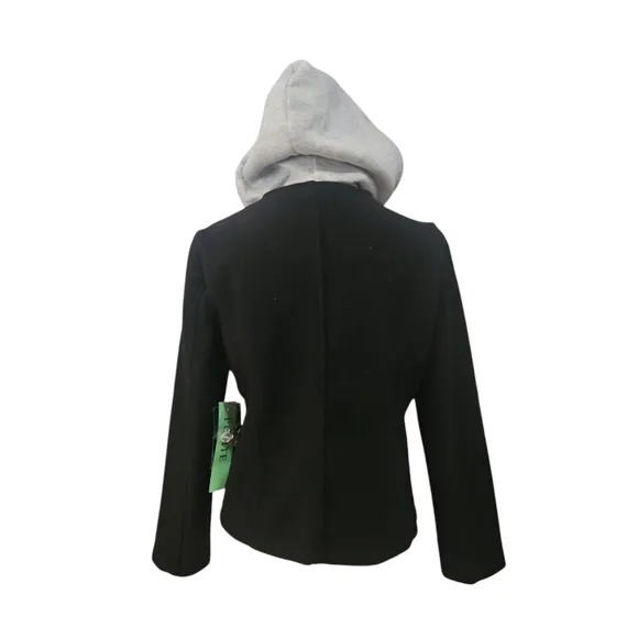 Cavalini Petite Black Double-Breasted Women's Jacket with Gray Hood Size PM