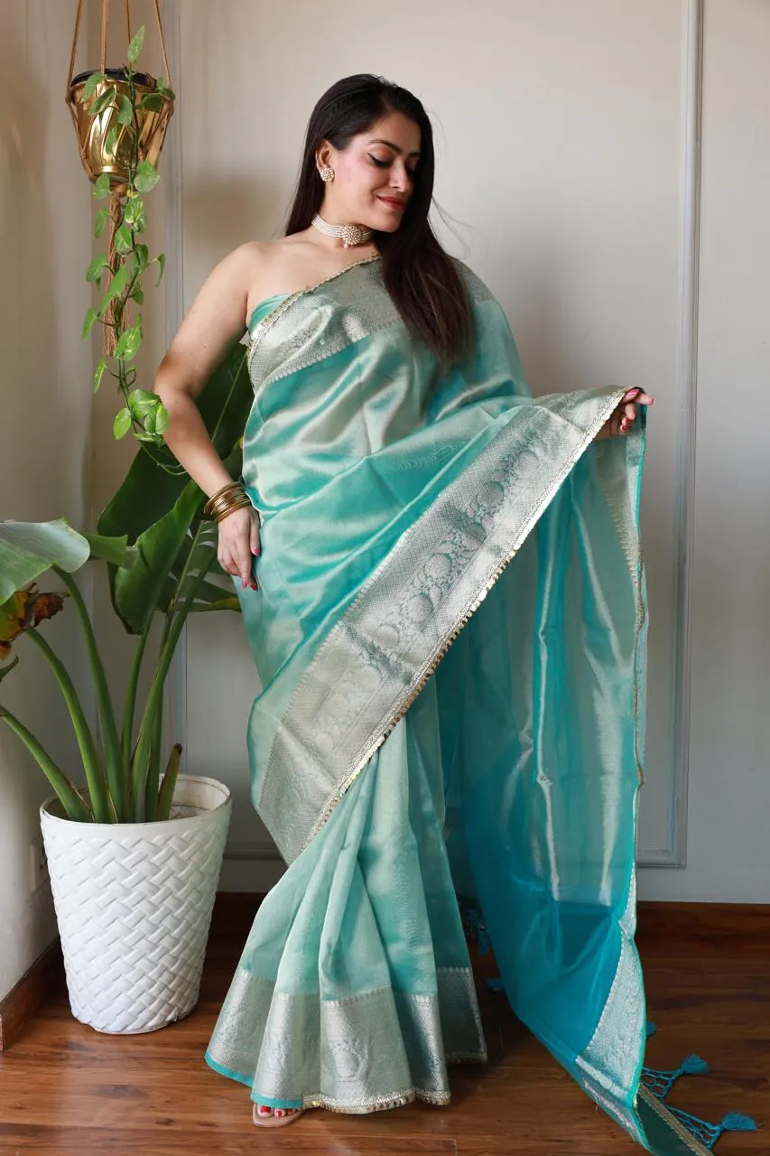 Celebrity Loved Blue Tissue Saree