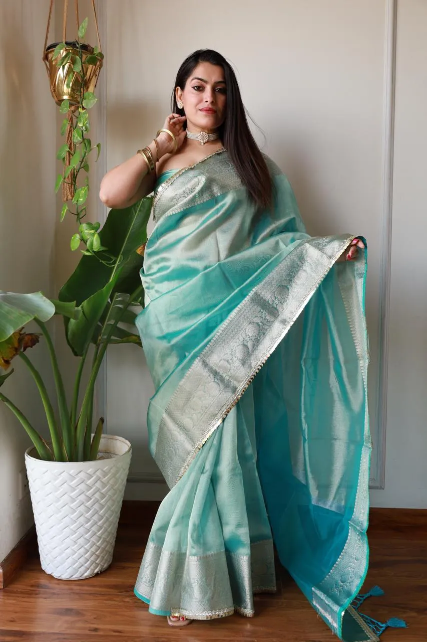 Celebrity Loved Blue Tissue Saree