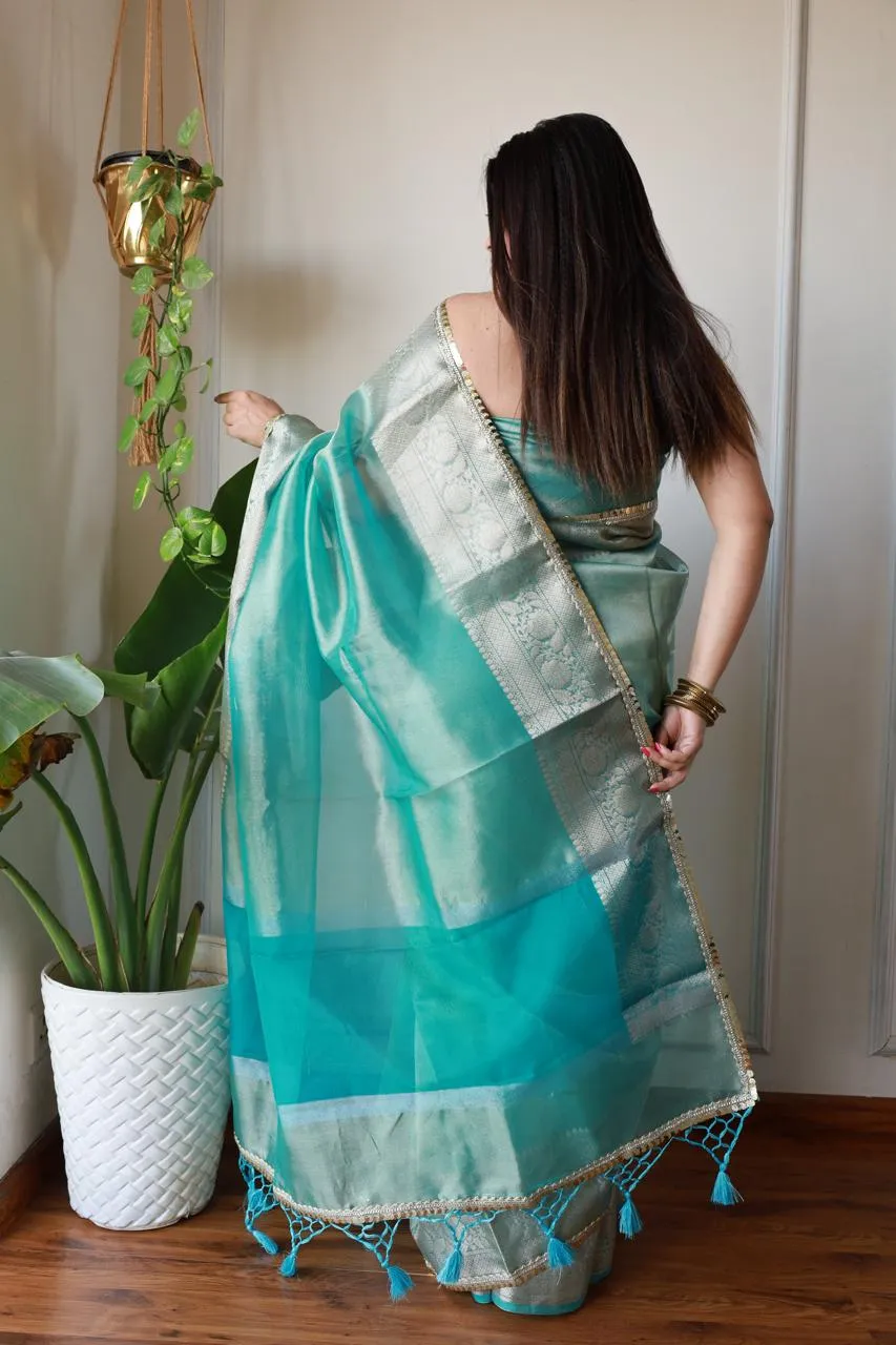 Celebrity Loved Blue Tissue Saree