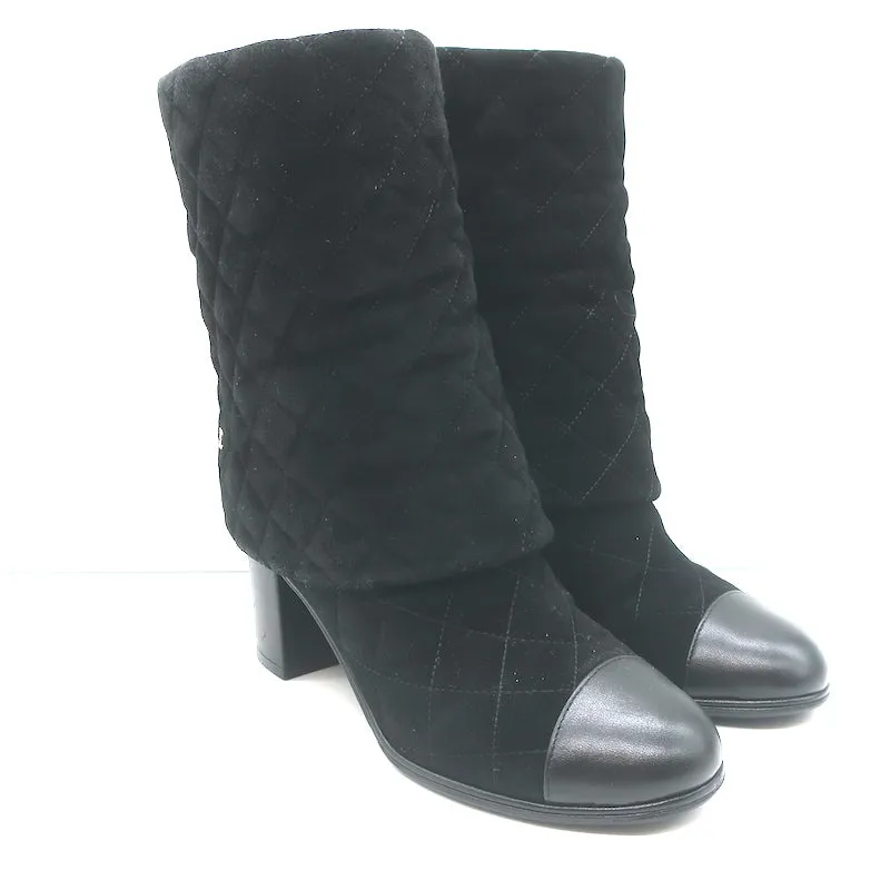 Chanel 17B Clover & Heart Quilted Fold-Over Boots Black Suede Size 35.5