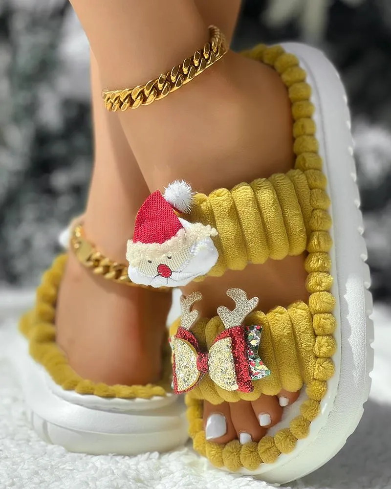 Christmas Cartoon Santa Claus Pattern Double Strap Fuzzy Winter Slippers
