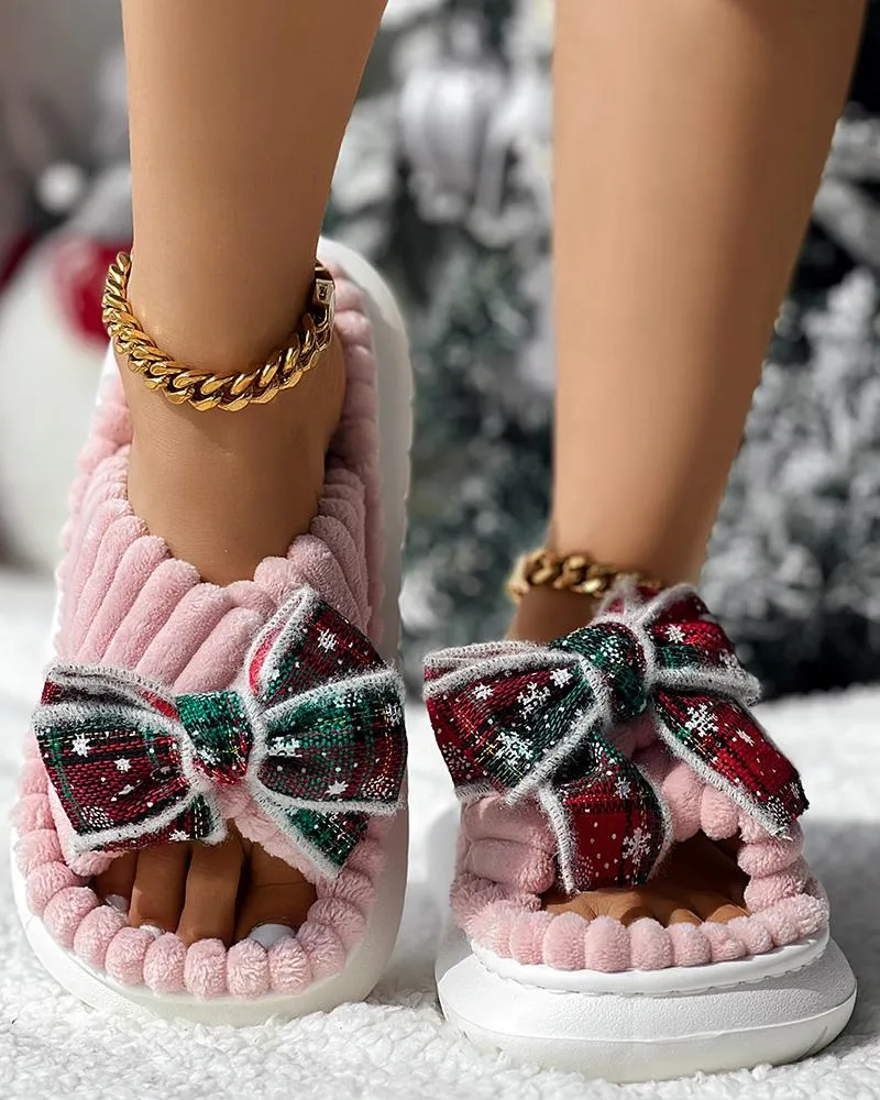 Christmas Plaid Bowknot Design Non Slip Fuzzy Winter Slippers
