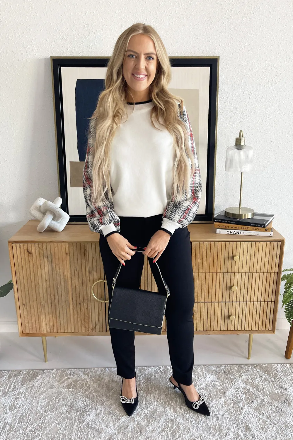 Contrast Woven Sleeve Crew Neck Sweater