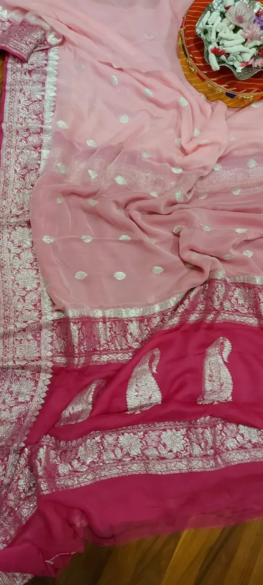Dark-Light Pink Banarasi Khaddi Chiffon Jaal Saree