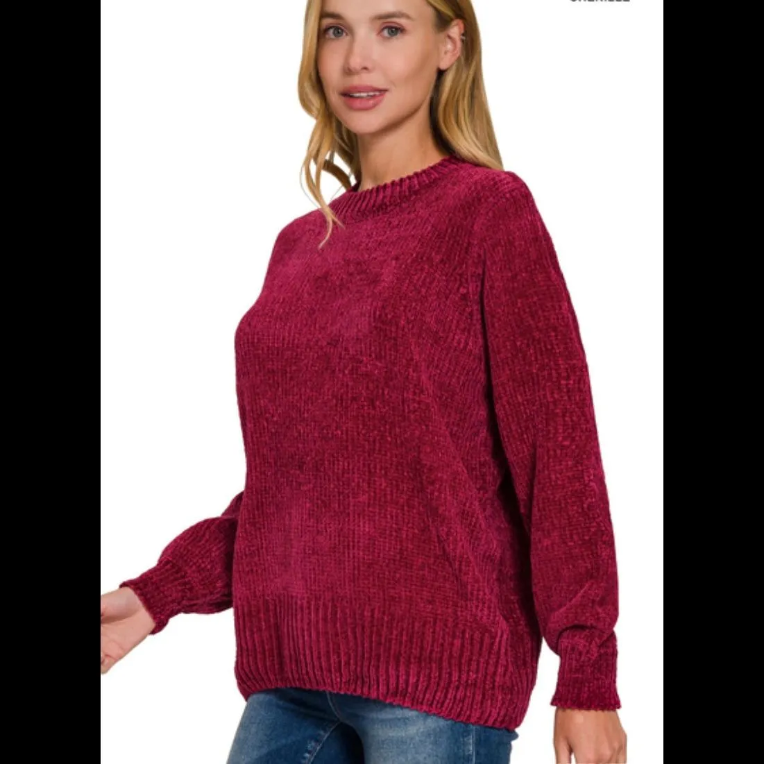 Date Night Chenille Crew Neck Sweater in Cabernet