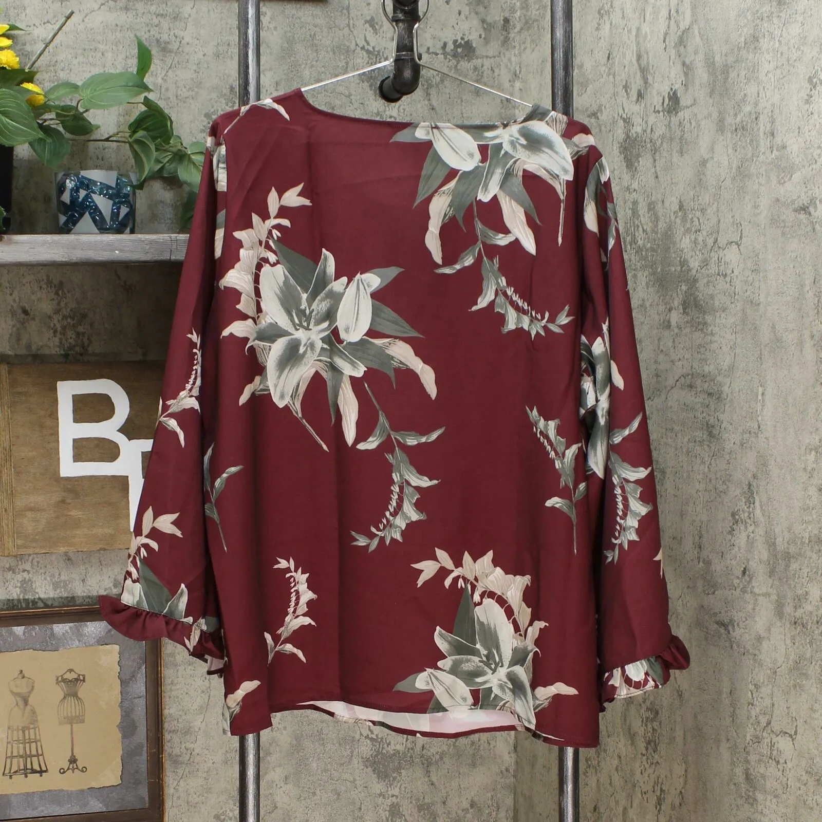 DG2 By Diane Women's Plus Size Gilman Floral Keyhole Ruffle Sleeve Blouse