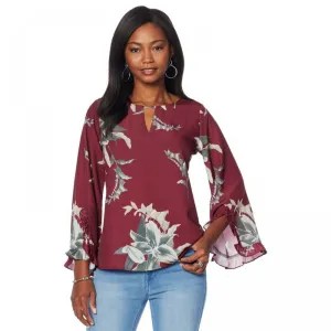 DG2 By Diane Women's Plus Size Gilman Floral Keyhole Ruffle Sleeve Blouse