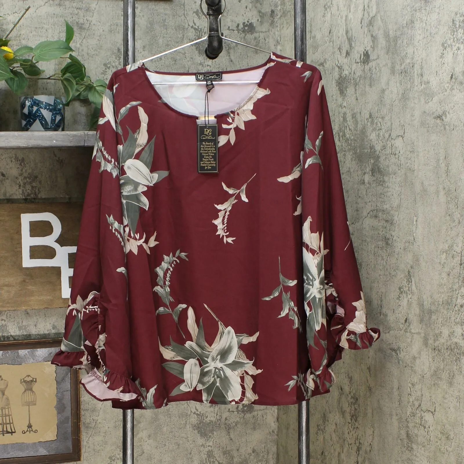 DG2 By Diane Women's Plus Size Gilman Floral Keyhole Ruffle Sleeve Blouse