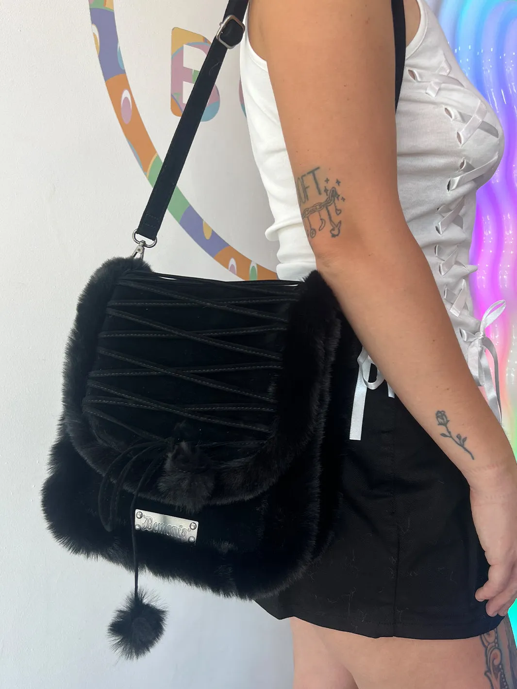 FAUX SUEDE & FUR CROSS BODY BAG - BLACK ✰ PRE ORDER ✰