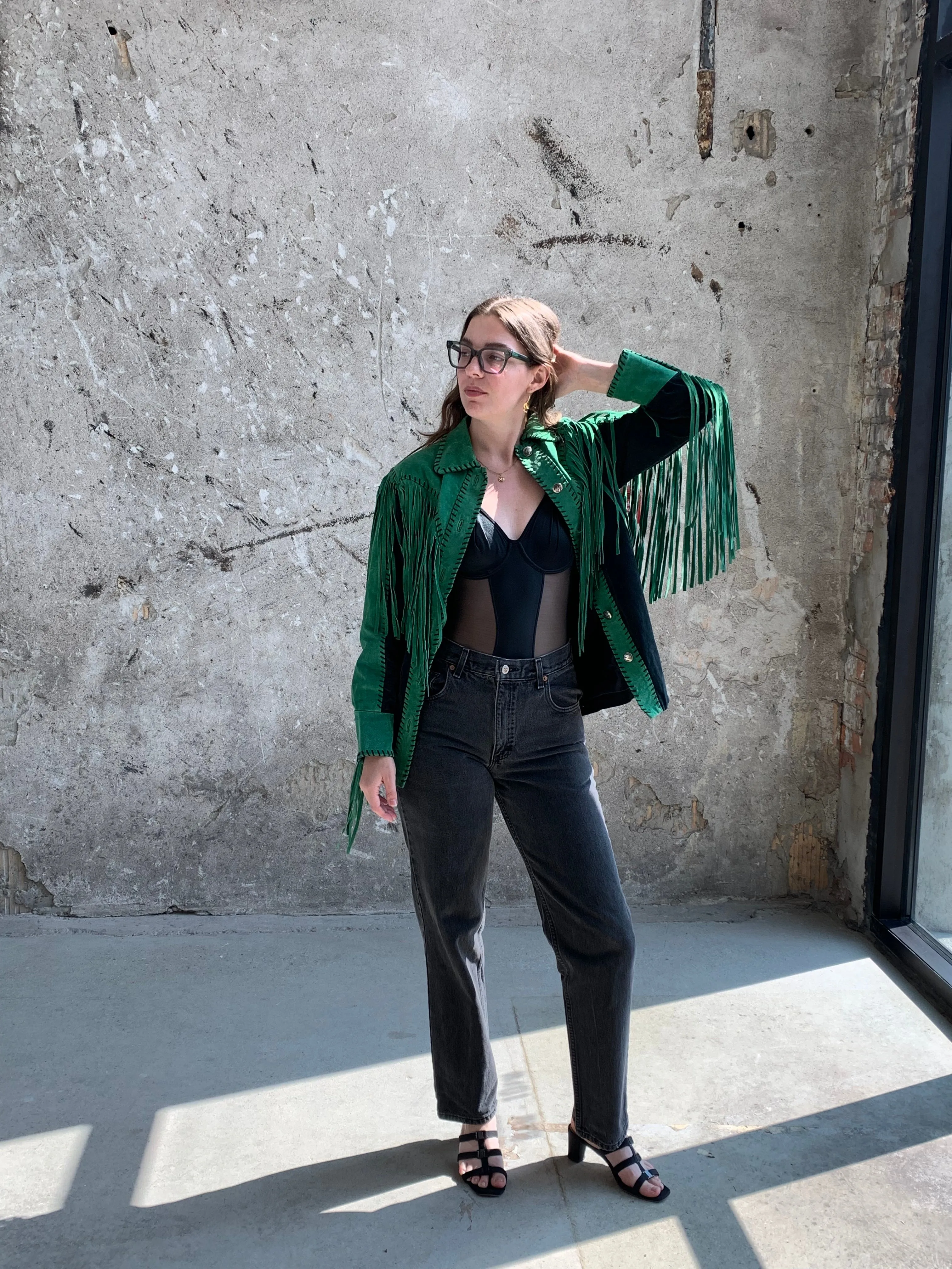 green suede fringe jacket