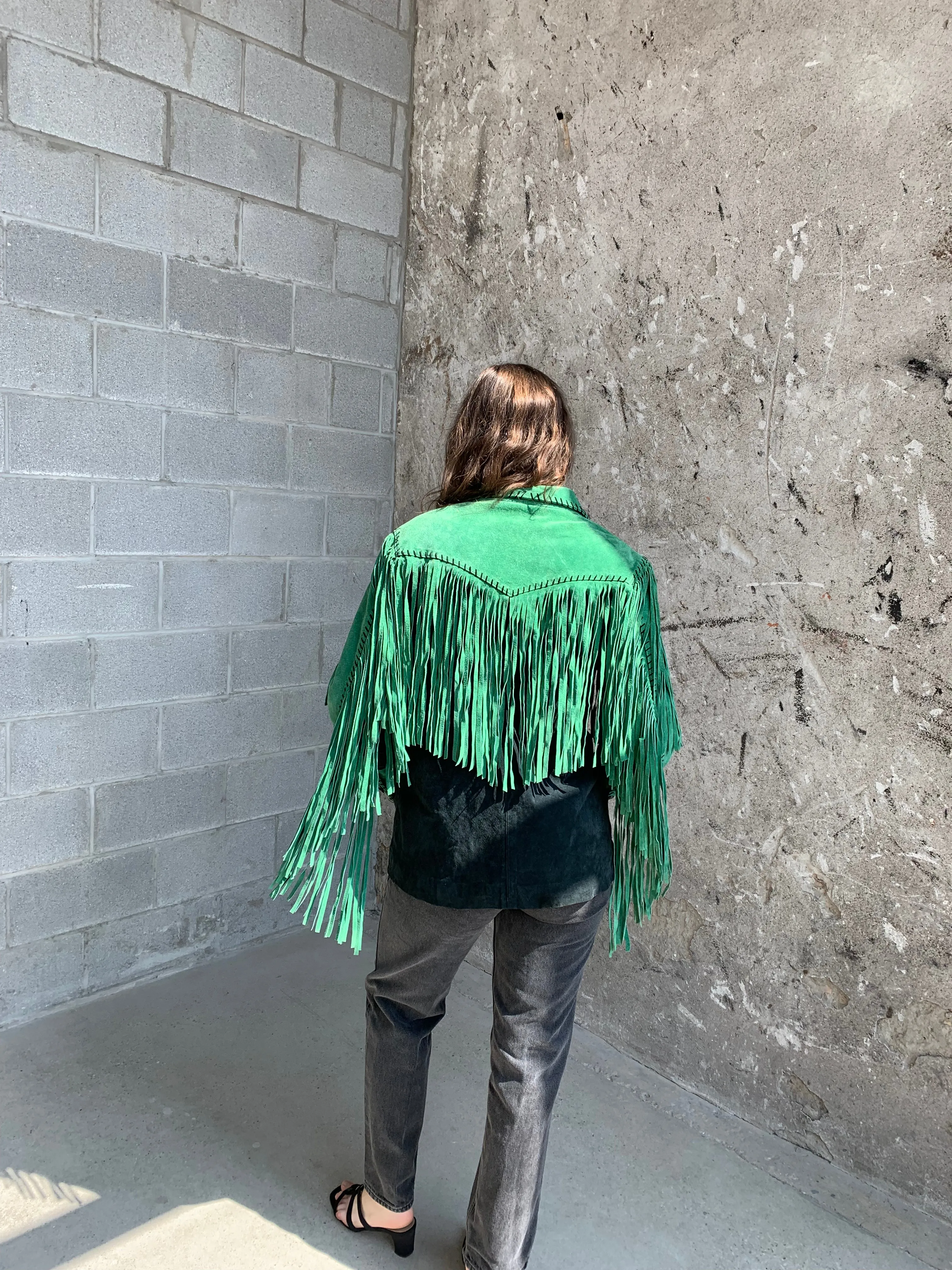 green suede fringe jacket