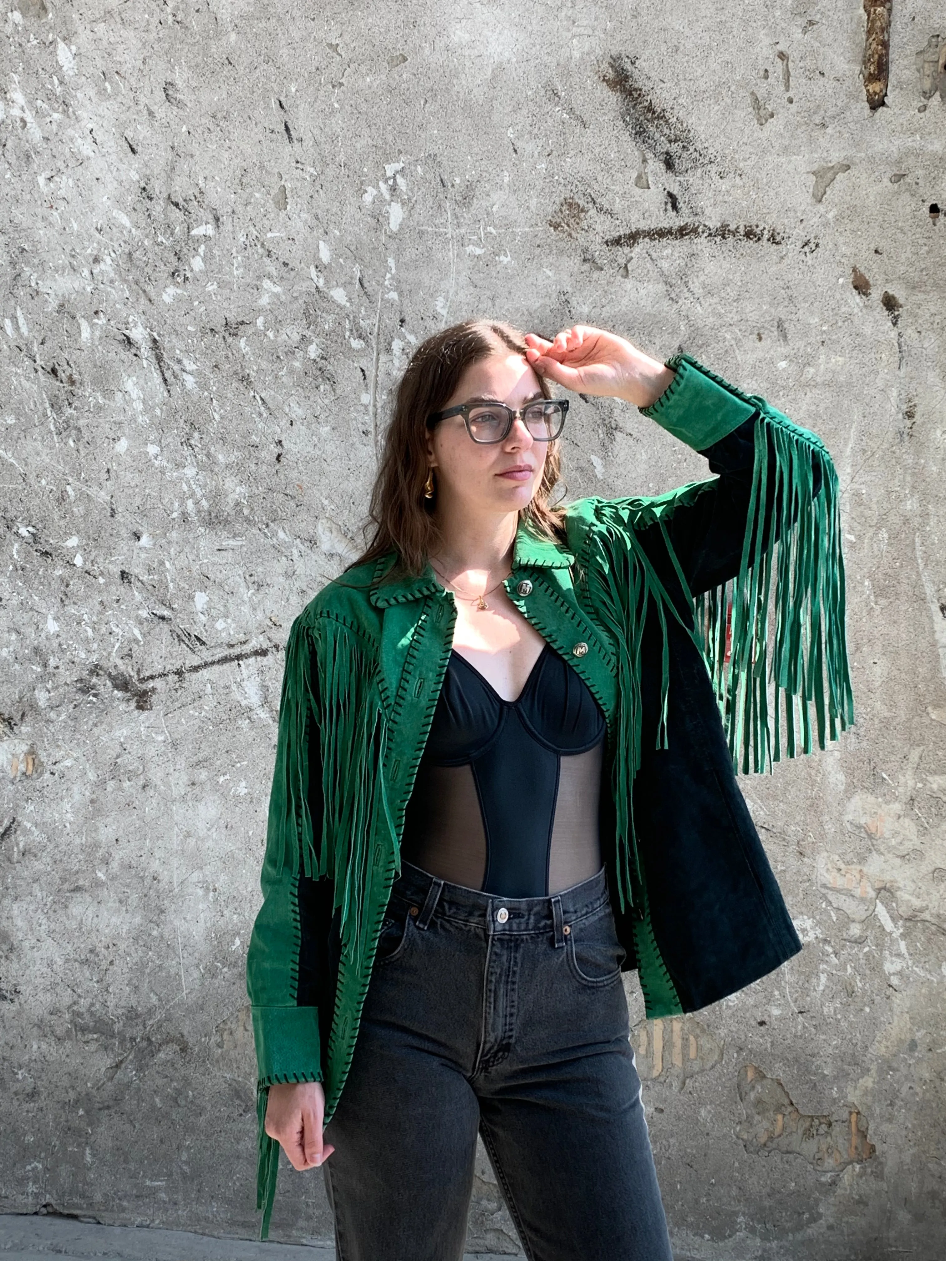 green suede fringe jacket