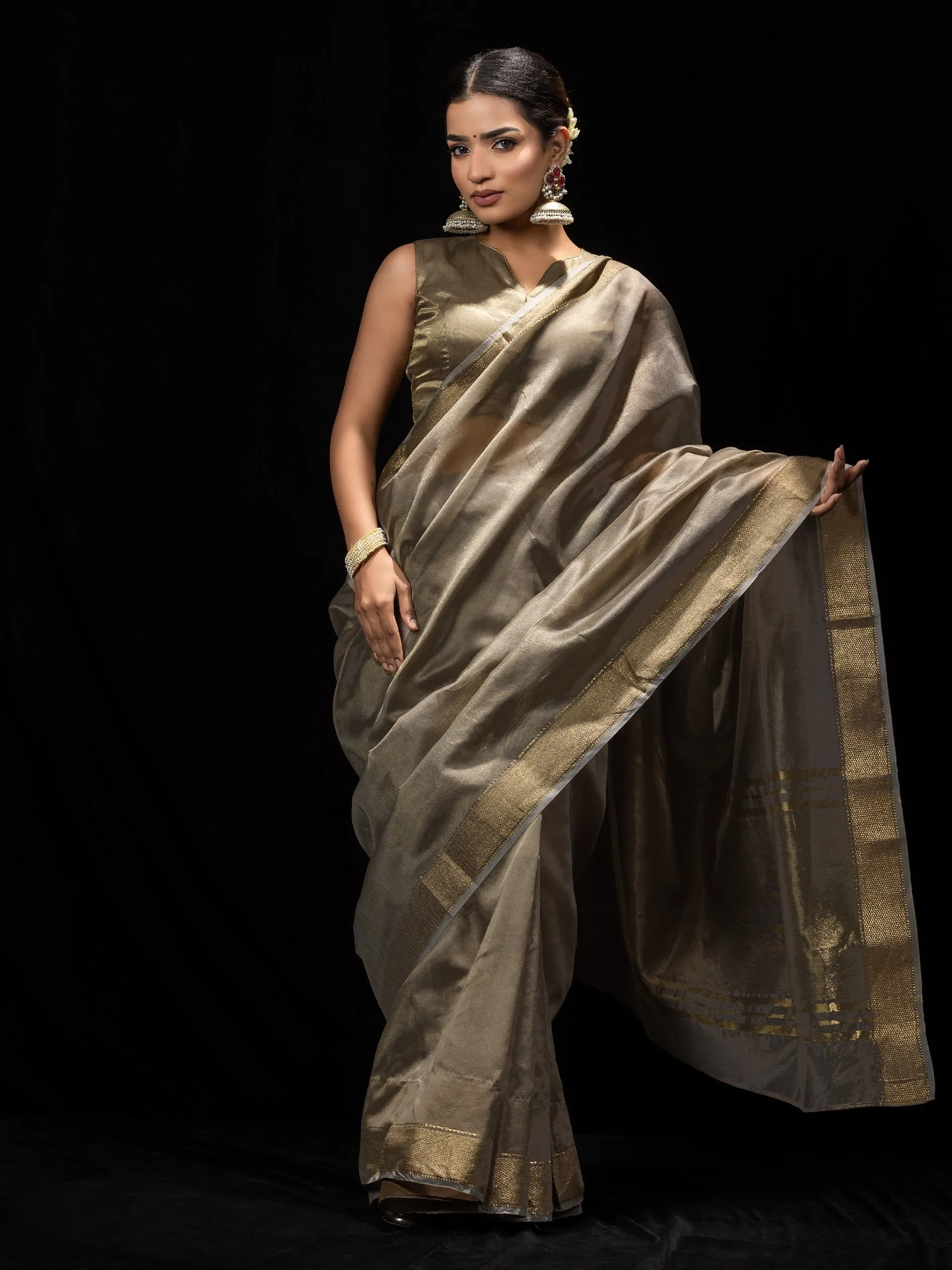 Grey Gold Metallic Soft Fabric Saree with Blouse Fabric