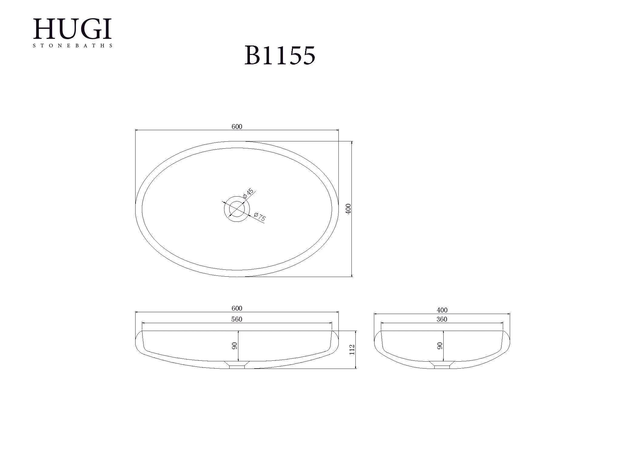 Hugi Oval Shaped Stone Basin - 600mm - B1155