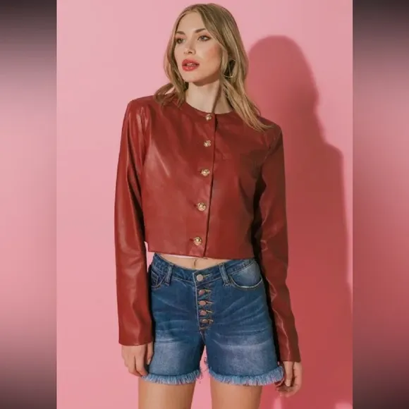 LD-03 Chic Red Faux Leather Jacket