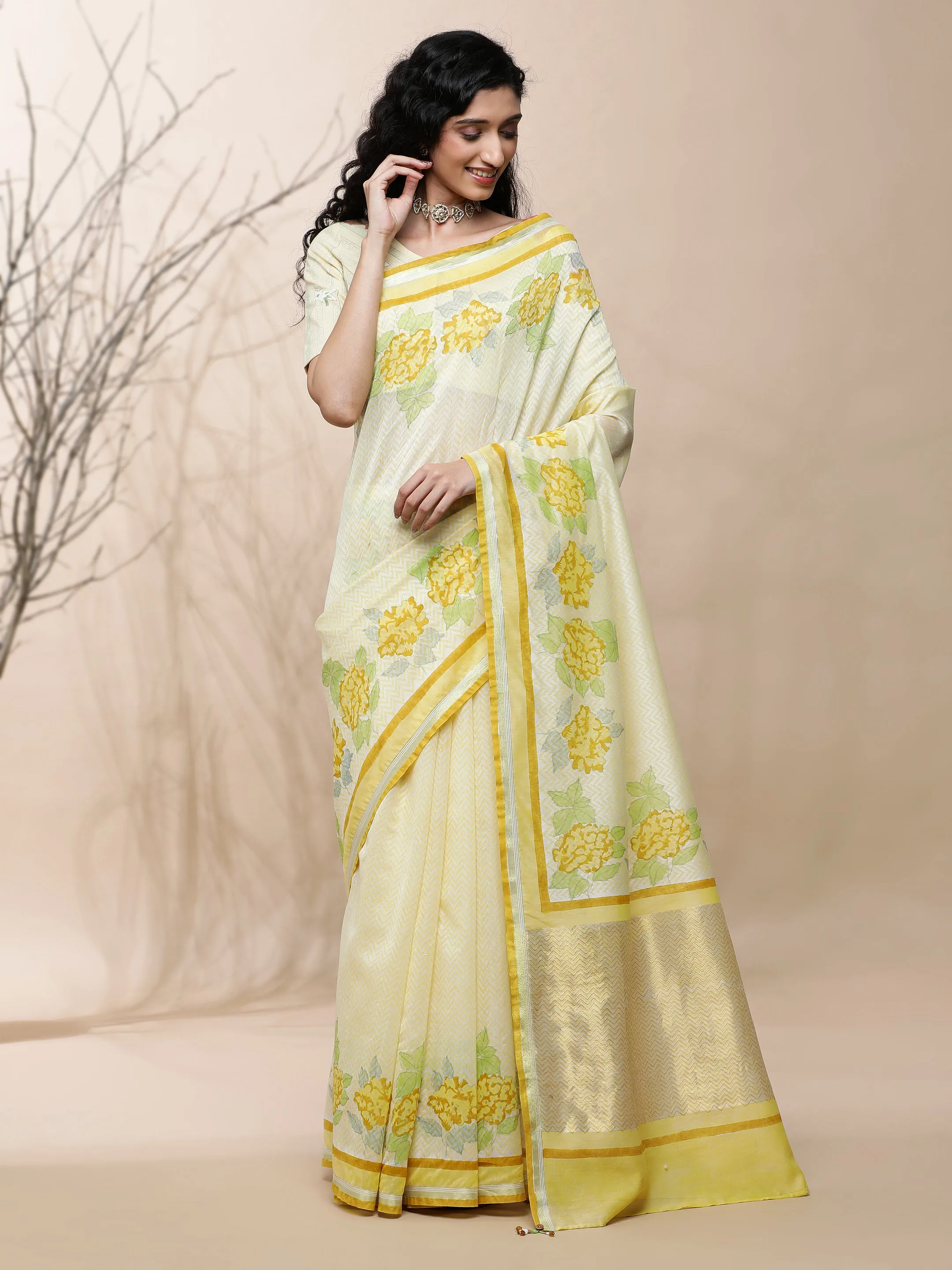 Manjari Chanderi Yellow Silk Saree