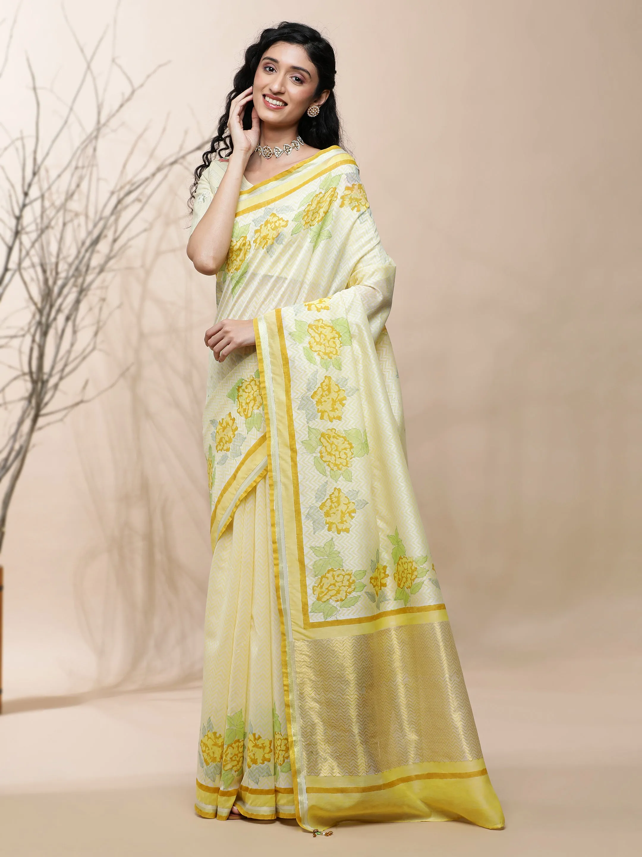 Manjari Chanderi Yellow Silk Saree