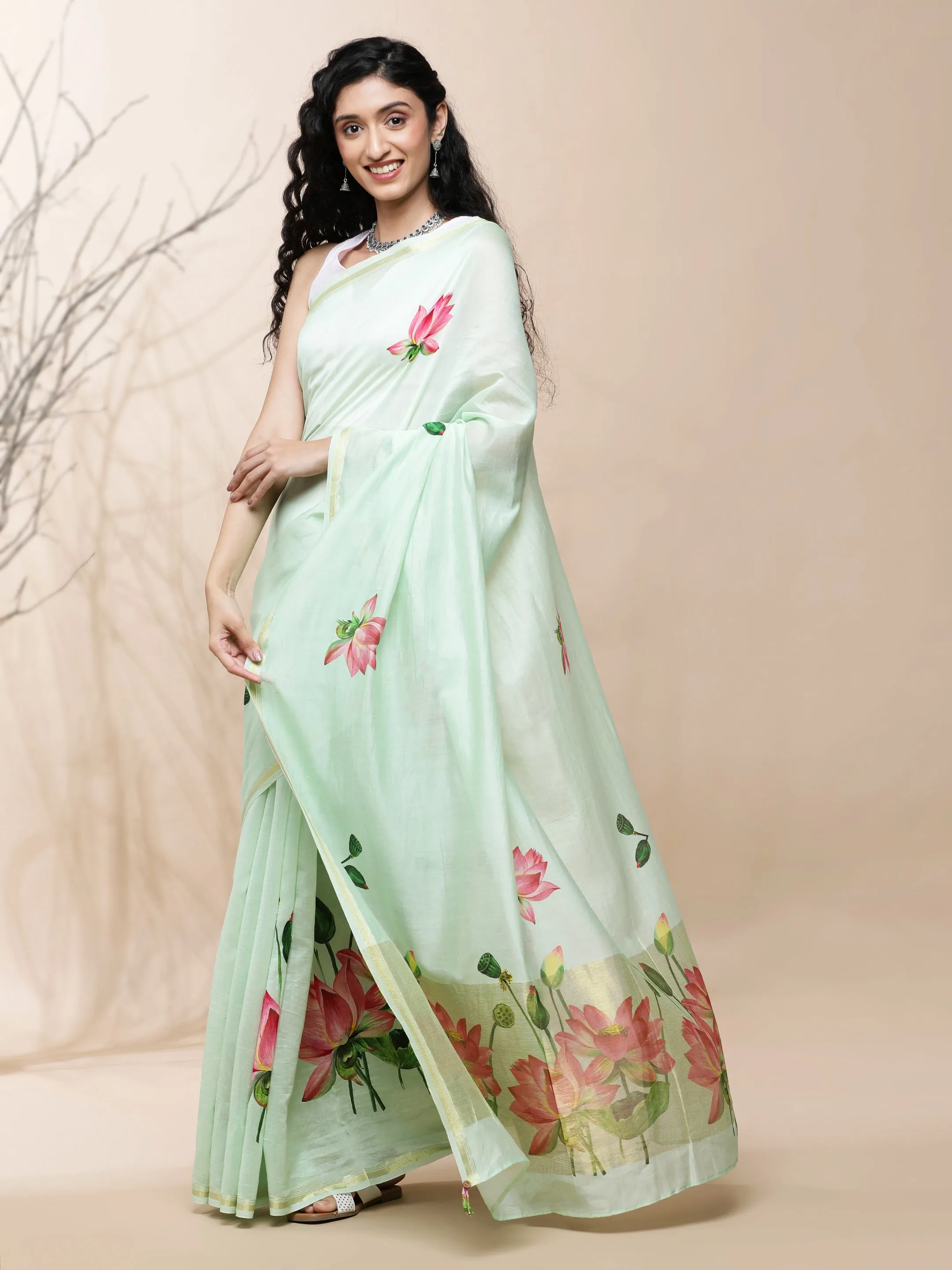 Nalini Chanderi Green Silk Saree