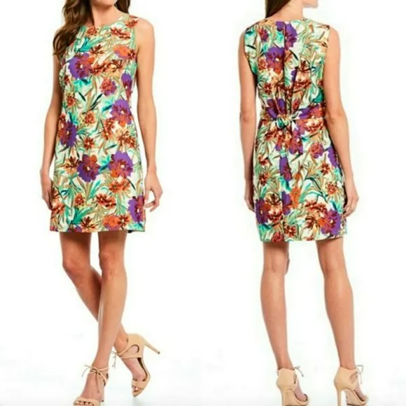 NWT Gibson Latimer Sleeveless Floral Print Dress XL Pleated Tie Back