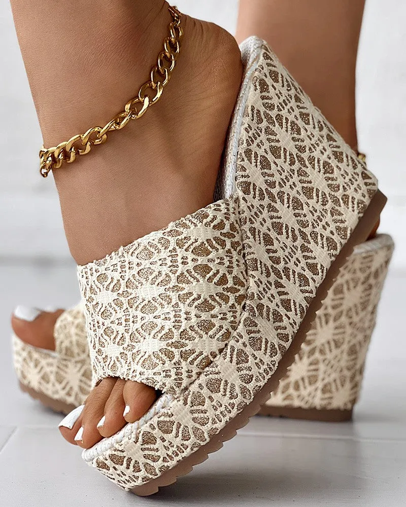 Peep Toe Wide Strap Lace Wedge Slippers