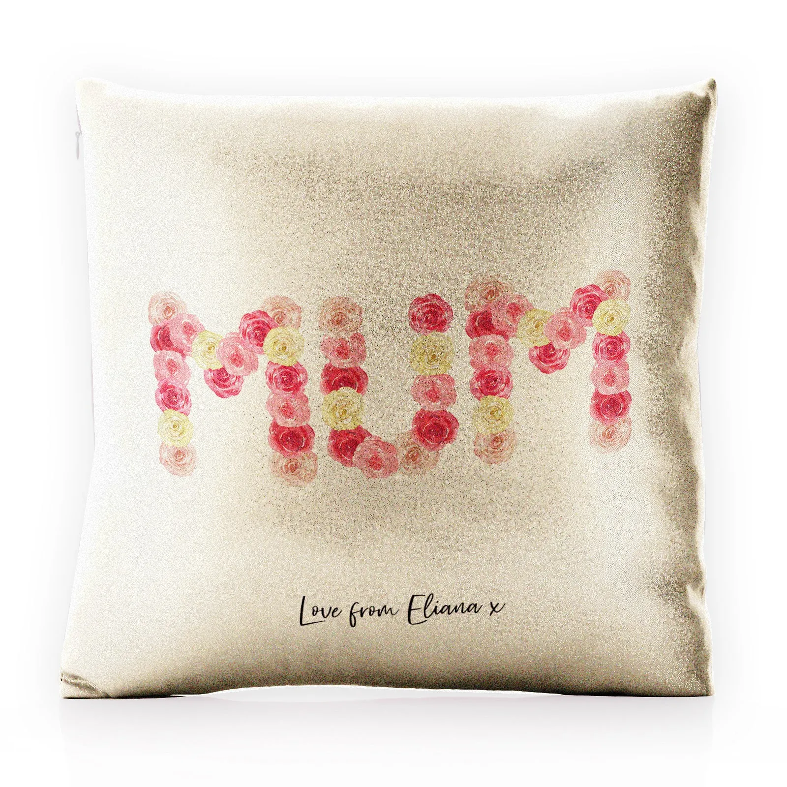Personalised Glitter Cushion with Stylish Text and Floral MUM