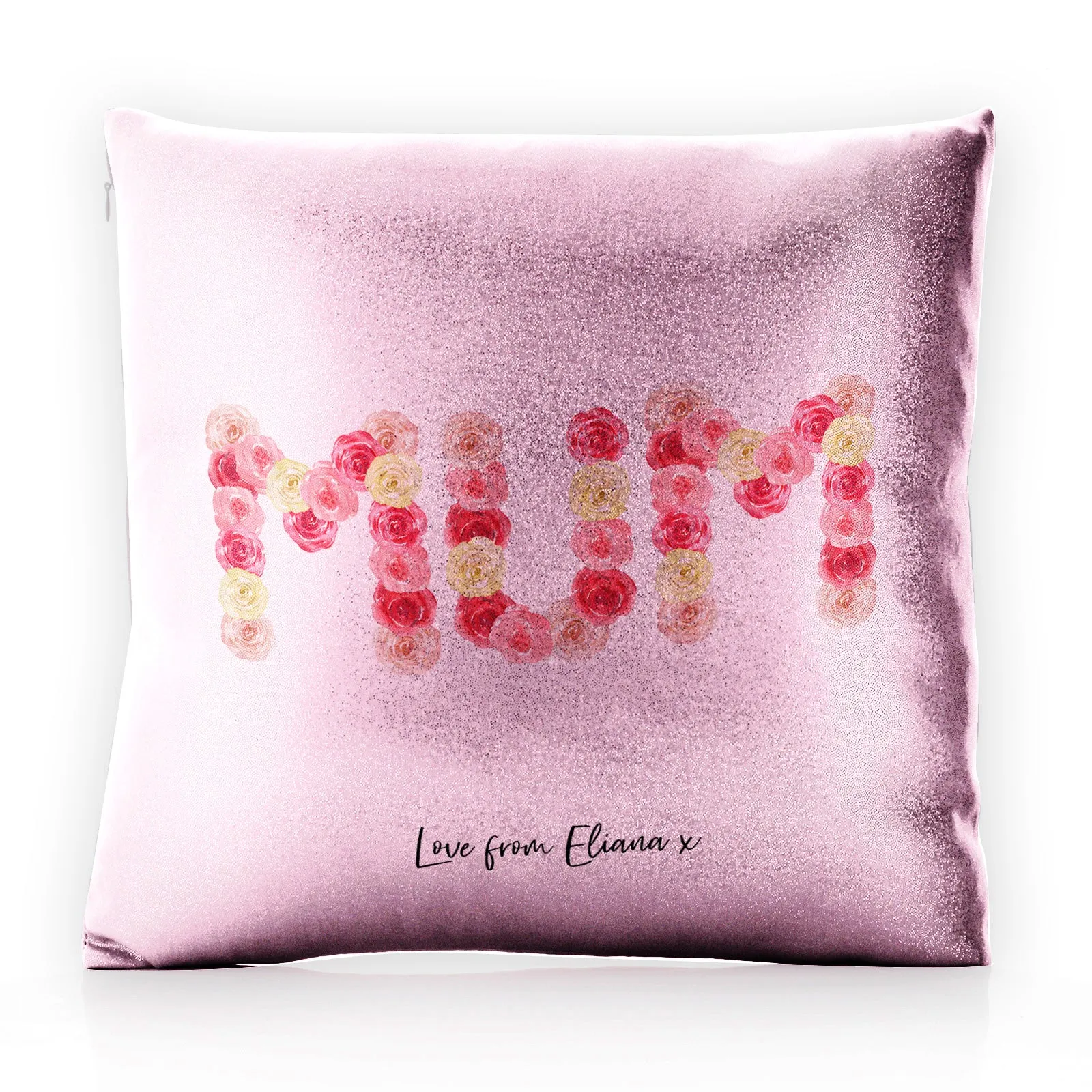 Personalised Glitter Cushion with Stylish Text and Floral MUM