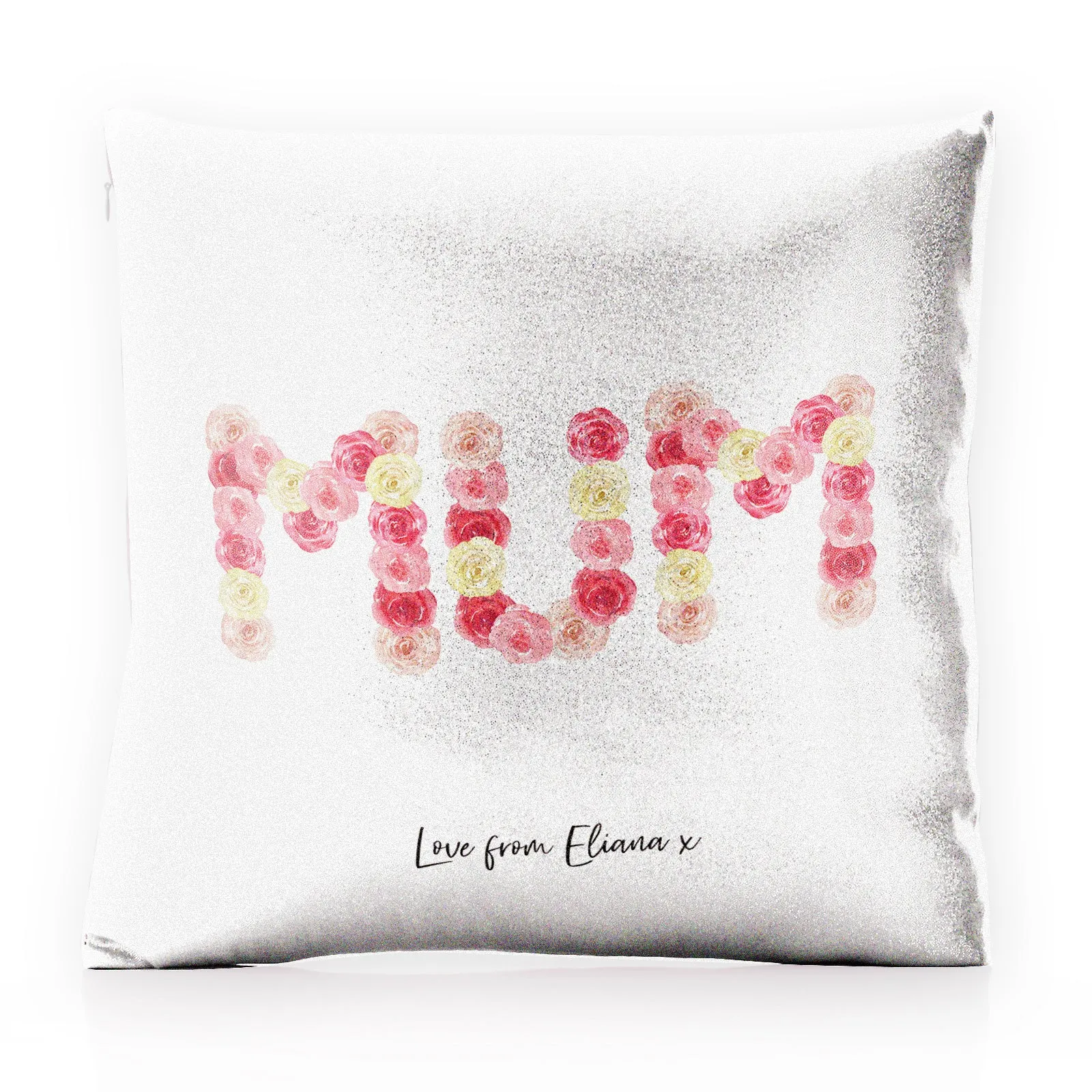 Personalised Glitter Cushion with Stylish Text and Floral MUM