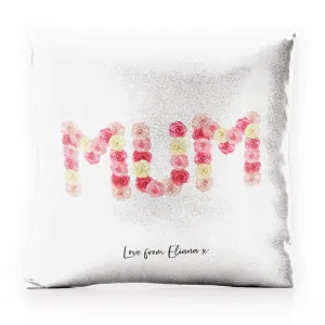 Personalised Glitter Cushion with Stylish Text and Floral MUM