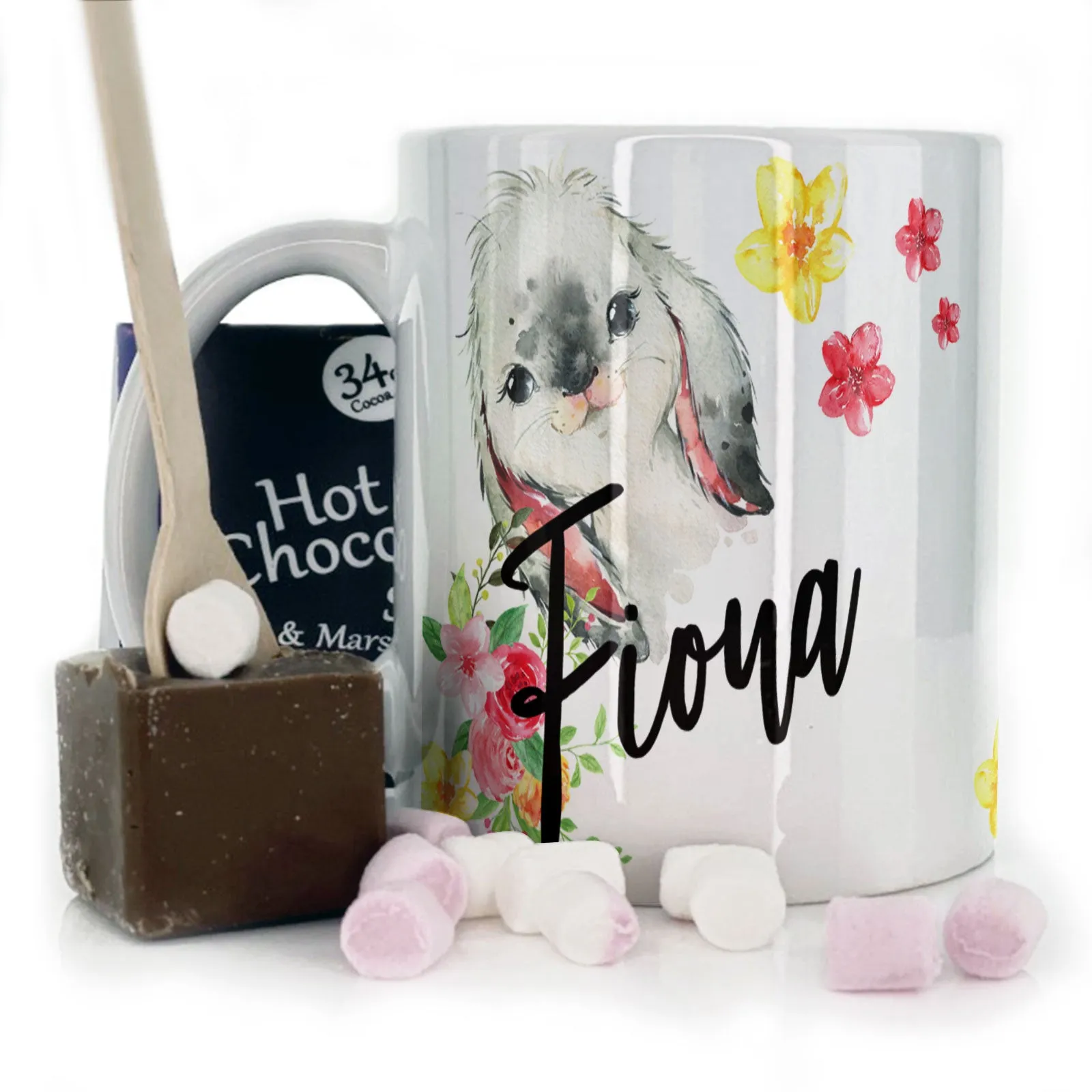 Personalised Mug with Stylish Text and Flowery Rabbits